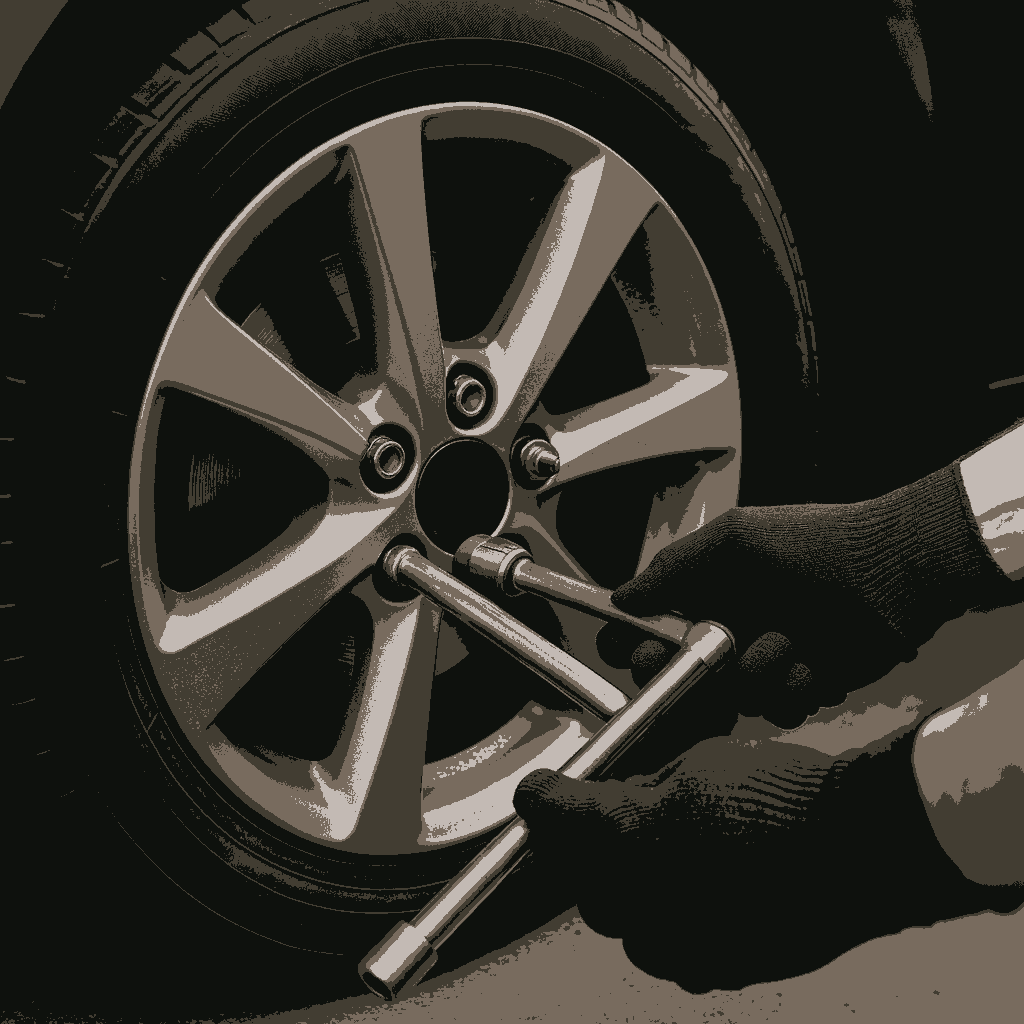A mechanic tightening the lug nuts of a tire on a car.