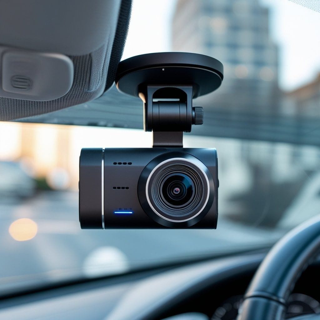 A camera suspended from the windshield of a vehicle.