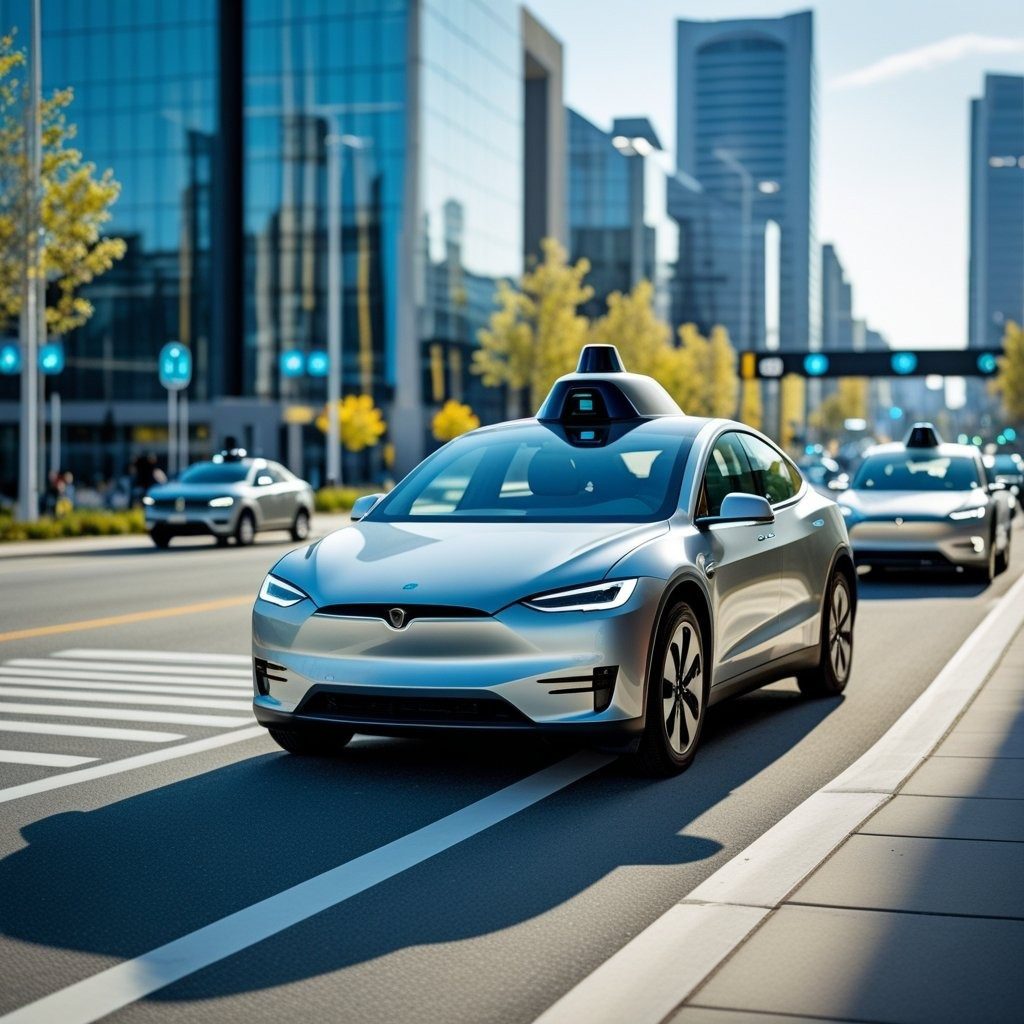 A self-driving vehicle navigating through a city.