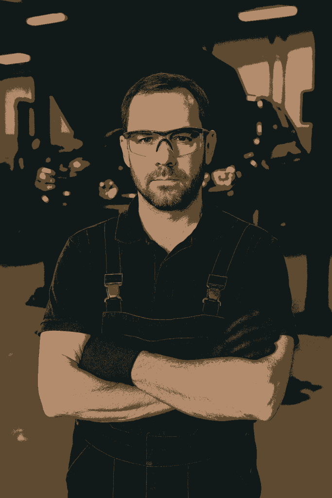 A mechanic wearing safety gear in a garage.